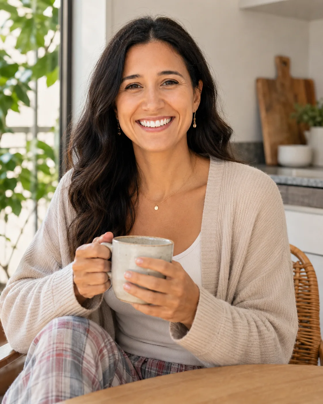 Célia Navary tomando café e sorrindo