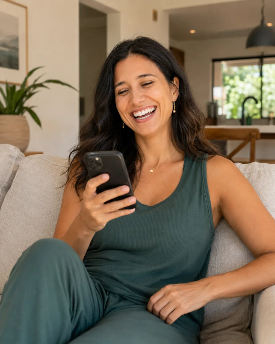 Célia Navary rindo com o celular na mão